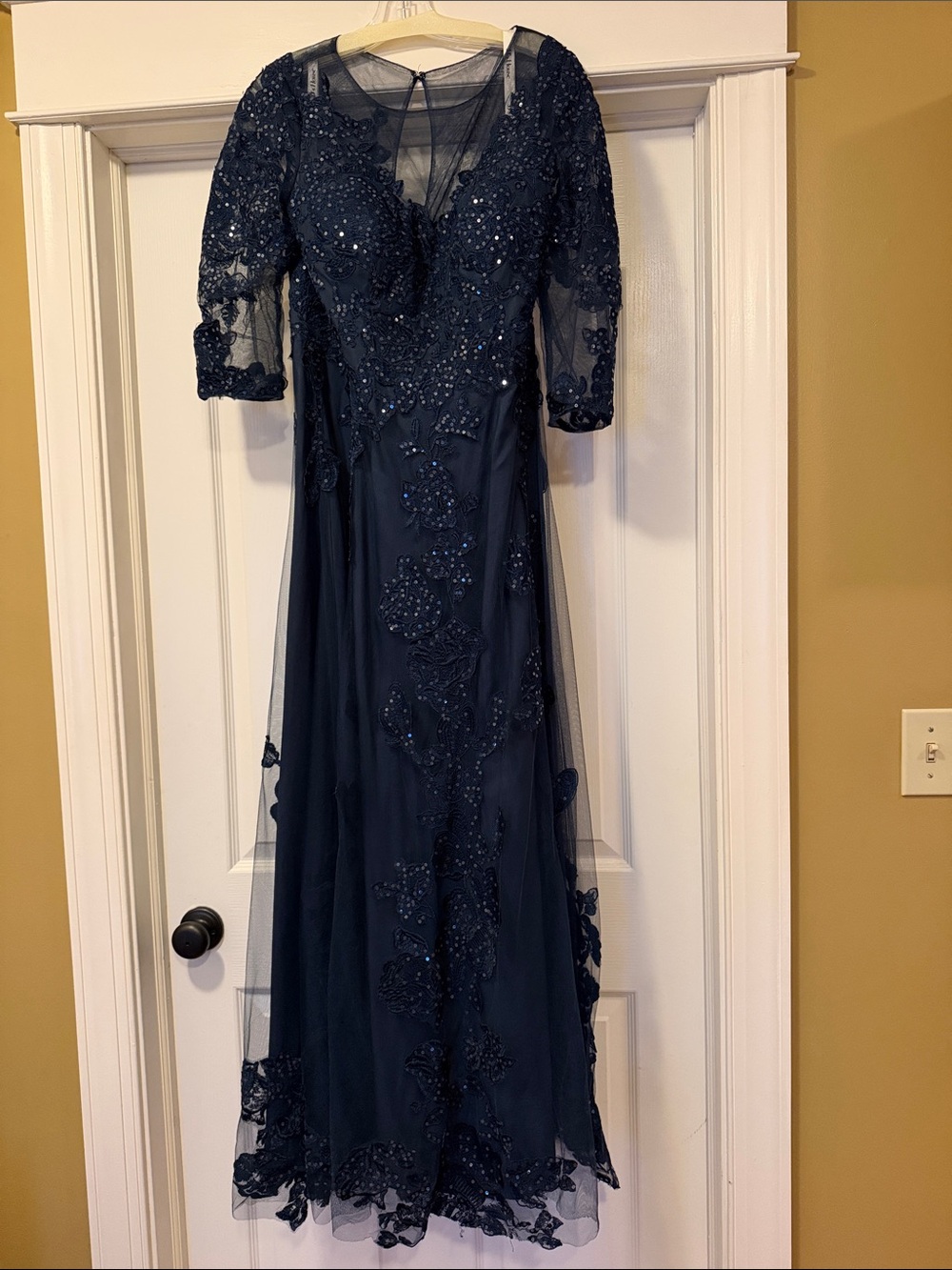 JJs House Navy Beaded Lace Long-Sleeve Evening Dress
